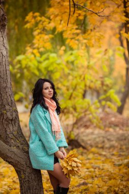 Kız ile akçaağaç sonbahar Bahçe bırakır