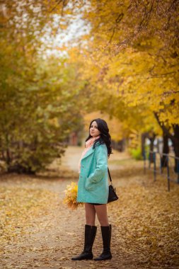 Kız ile akçaağaç sonbahar Bahçe bırakır