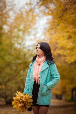 Kız ile akçaağaç sonbahar Bahçe bırakır