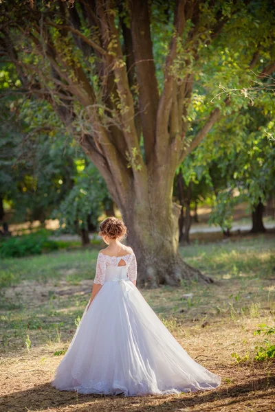 Braut im weißen Kleid im Garten — Stockfoto