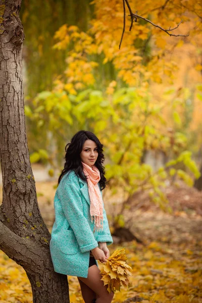 Chica con hojas de arce en el jardín de otoño —  Fotos de Stock