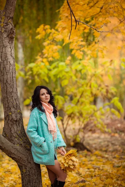 Chica con hojas de arce en el jardín de otoño —  Fotos de Stock