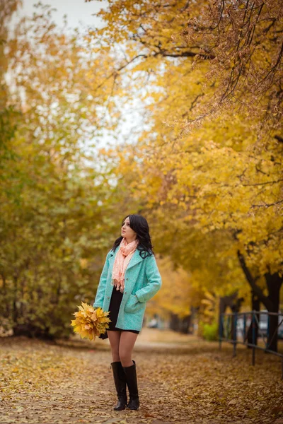 Дівчина з кленовим листям в осінньому саду — стокове фото