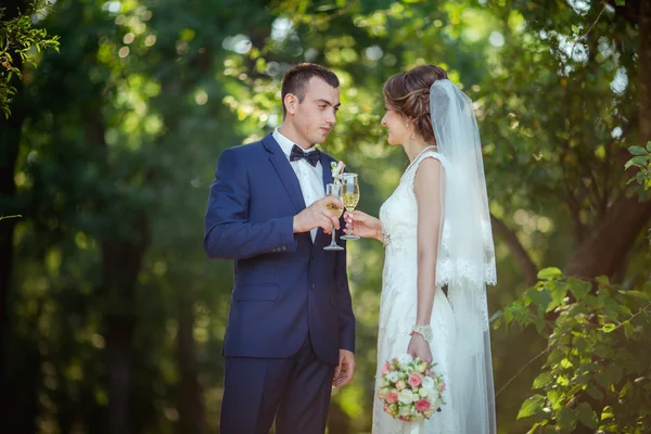 Noiva e noivo bebendo champanhe — Fotografia de Stock