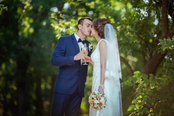 Pengantin pria dan wanita minum sampanye — Stok Foto