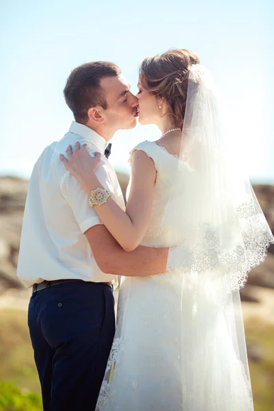 Sposa e sposo baci all'aperto — Foto Stock