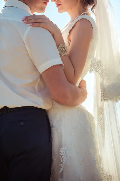 Bride and groom hugging — Stock Photo, Image