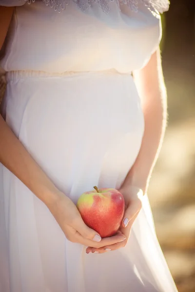 Gravid kvinna rött äpple i händer — Stockfoto
