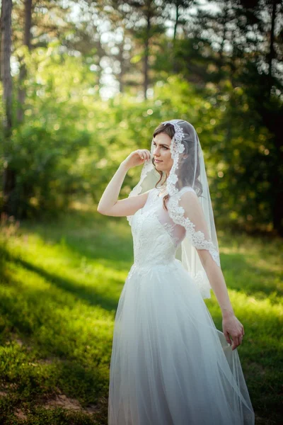 Bruid in witte jurk in de tuin — Stockfoto