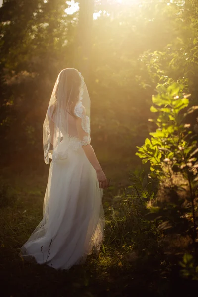 庭の白いドレスの花嫁 — ストック写真