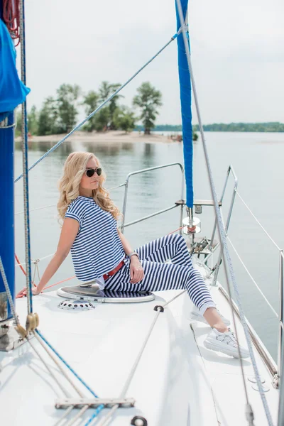 Woman on her private yacht — Stock Photo, Image