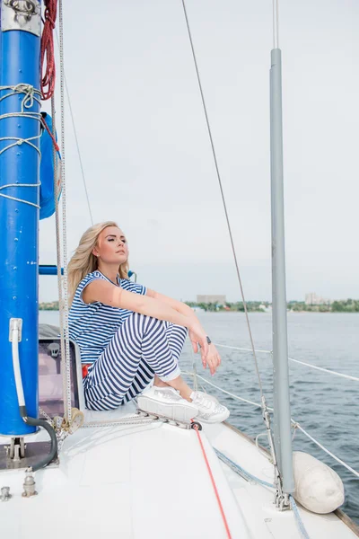 Woman on her private yacht — Stock Photo, Image