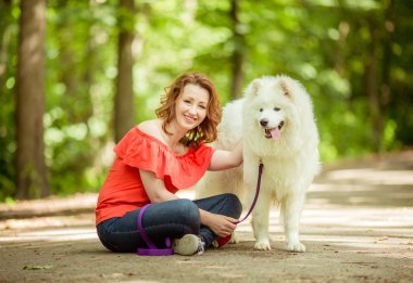 Samoyed köpek doğurmak parkta kadınla