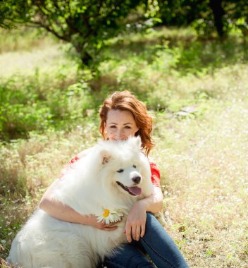 Samoyed köpek doğurmak parkta kadınla