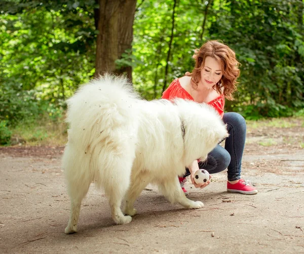 Жінка з самогубством порода собак в парку — стокове фото
