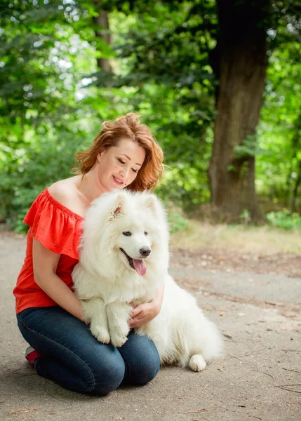 Samoyed köpek doğurmak parkta kadınla — Stok fotoğraf