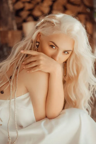 Portrait Beautiful Young Blonde White Clothing Style Boho — Stock Photo, Image