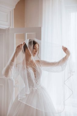 Güzel esmer gelin, açık renk makyajlı, beyaz elbiseli, zarif iç görünüşlü. 