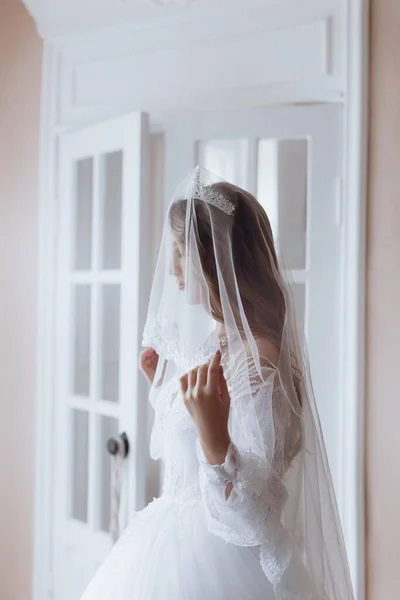 Hermosa Joven Novia Con Maquillaje Ligero Vestido Blanco Exquisito Interior —  Fotos de Stock