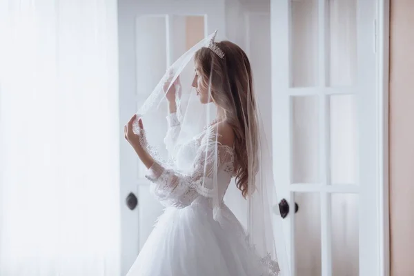 Mooie Bruid Een Trouwjurk Achtergrond — Stockfoto
