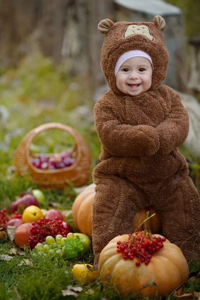 Baby girl in the suit of bear in park — Stock Photo, Image