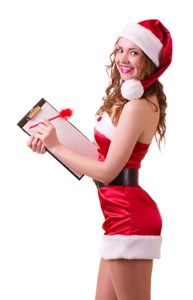 Santa Claus vrouw met leeg bord — Stockfoto