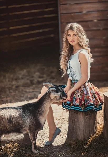 Meisje een geit van haar hand vervoedering — Stockfoto