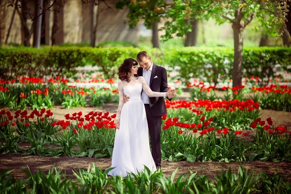 Noiva e noivo em seu dia de casamento — Fotografia de Stock