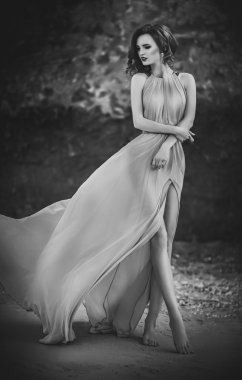 bir sahil üzerinde uzun mavi elbiseli kız