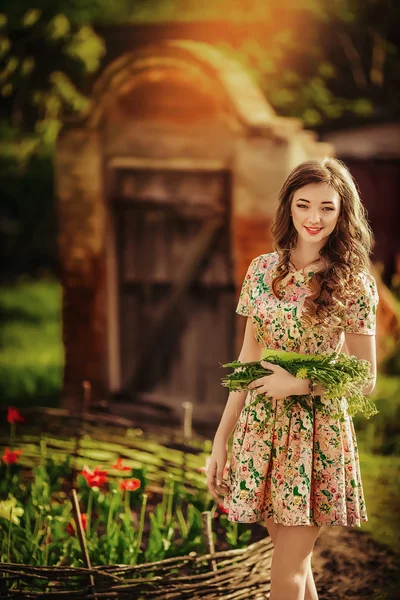 Woman with herbs outdoor — Stock Photo, Image