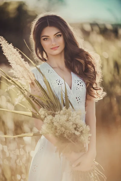 Mulher de vestido branco posando no prado — Fotografia de Stock