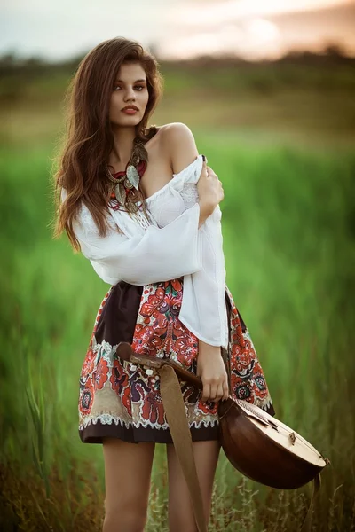 Woman with domra posing outdoors — Stock Photo, Image