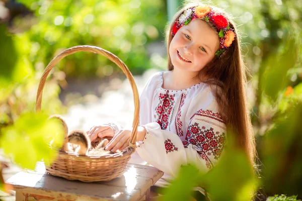 Piccola ragazza ucraina con anatroccoli — Foto Stock
