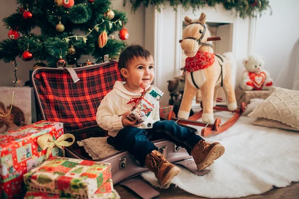 Chlapec s houpací kůň — Stock fotografie