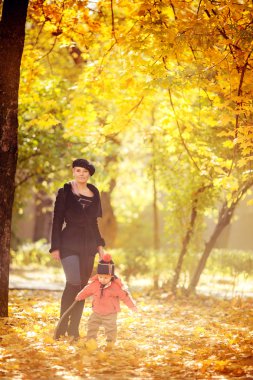 Anne ve oğlu sonbahar parkında.