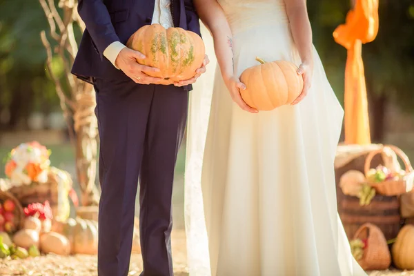 Novia y novio con calabazas al aire libre — Foto de Stock