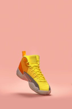 Yeni Air Jordan 12 Retro uçuş ayakkabısı üzerinde gölge olan pembe arka planda izole edilmiş bir kadın için. metin için boşluk kopyala. şık spor basketbol ayakkabıları.