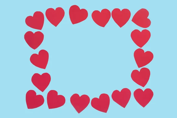 Blue Background Frame Made Red Hearts Valentines Day Concept Top — Stock Photo, Image