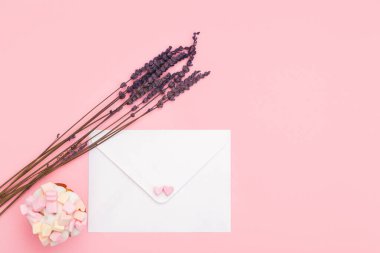 Posta postası için kapalı kağıt zarf ve pembe üzerinde izole edilmiş lavanta