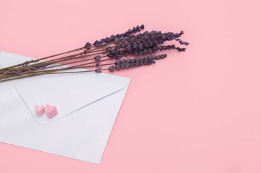 Posta postası için kapalı kağıt zarf ve pembe üzerinde izole edilmiş lavanta