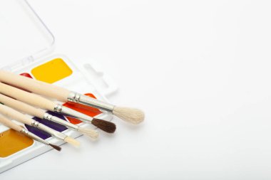 Bir dizi suluboya boya ve beyaz arka planda boya fırçaları ve metin için bir kopya alanı. Yakın plan.