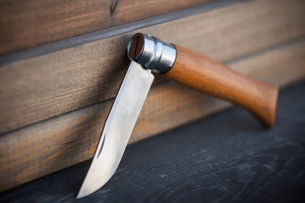 Folding Knife Wooden Handle Wooden Background — Stock Photo, Image