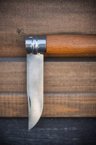 Folding Knife Wooden Handle Wooden Background — Stock Photo, Image