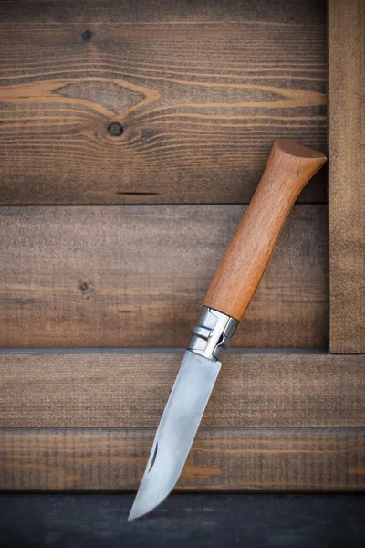 Folding Knife Wooden Handle Wooden Background — Stock Photo, Image