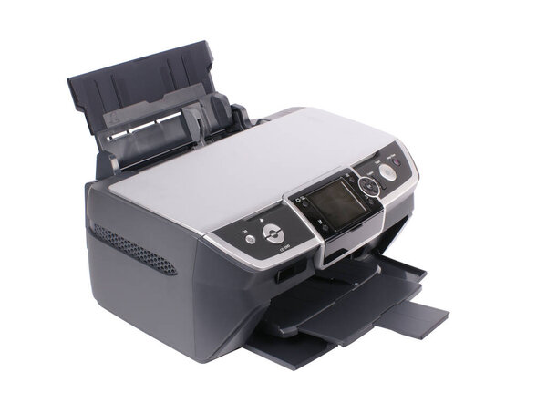 Multifunctional office printer on white background