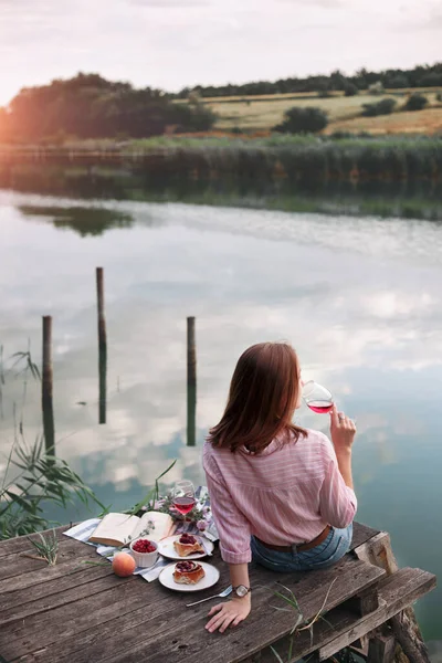 Girl Enjoying Picnic Wooden Pier Shiny Summer River Shor — Stock Photo, Image