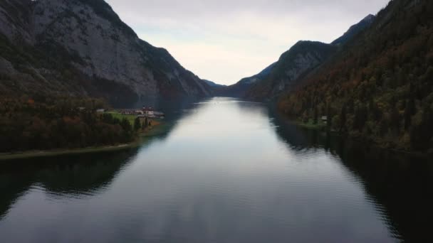 Konigsee Lake Německo Října 2019 Letecký Pohled Kostel Bartoloměje Jezera — Stock video