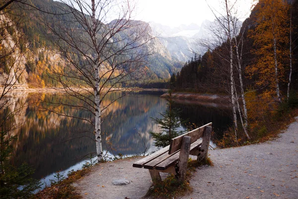 风景秀丽 山清水秀 前排的木制长椅 — 图库照片