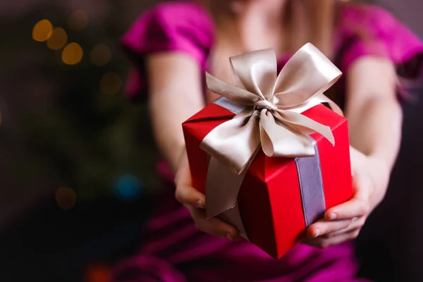 Girl Holding Christmas Presents Hands Happy New Year — Stock Photo, Image