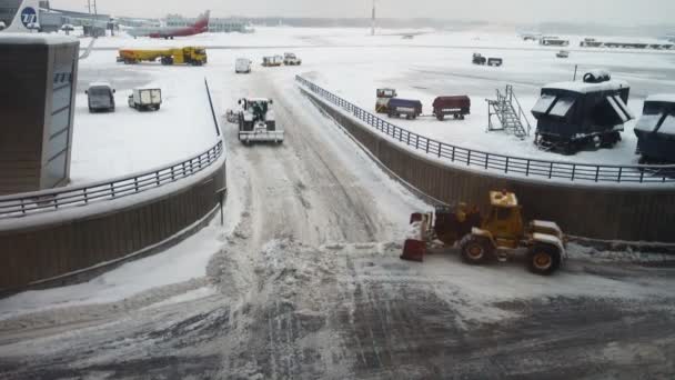 モスクワ ロシア 2018年2月5日 ヴヌコヴォ空港の厳しい雪の中 空港滑走路で働く雪のブロワー ブルドーザー グレーダーなどの機械 — ストック動画